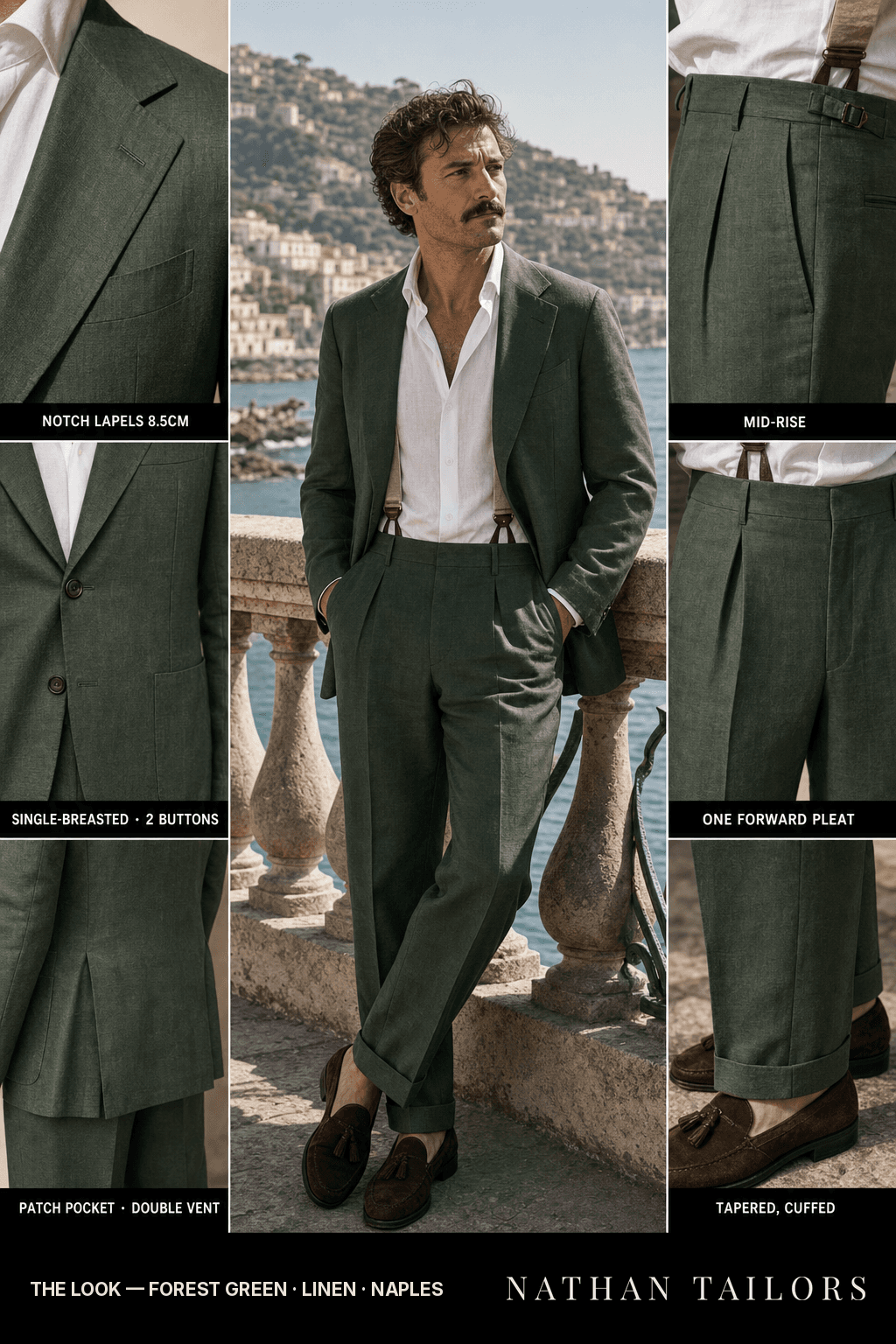 forest green single-breasted bespoke suit — custom tailored by Nathan Tailors, the Hoi An custom tailor