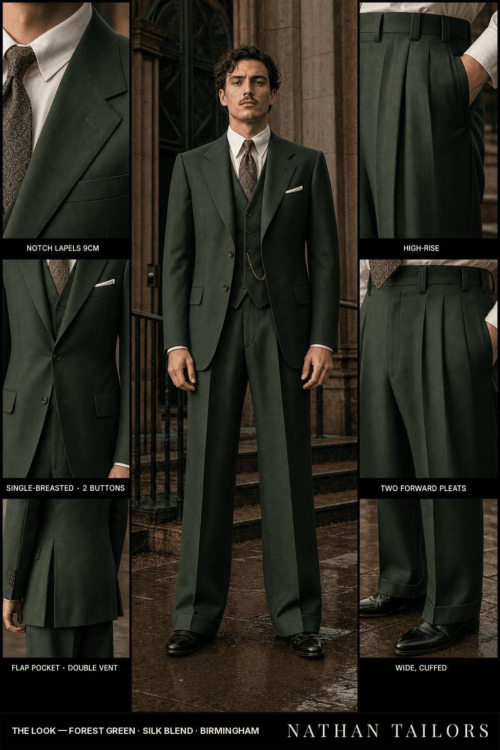 forest green single-breasted bespoke suit — custom tailored by Nathan Tailors, the Hoi An custom tailor