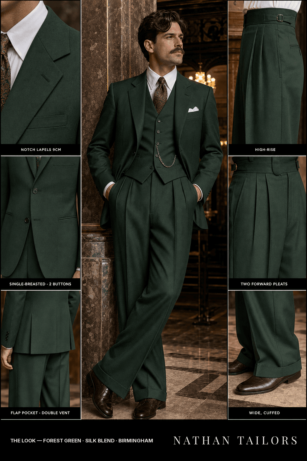 forest green single-breasted bespoke suit — custom tailored by Nathan Tailors, the Hoi An custom tailor