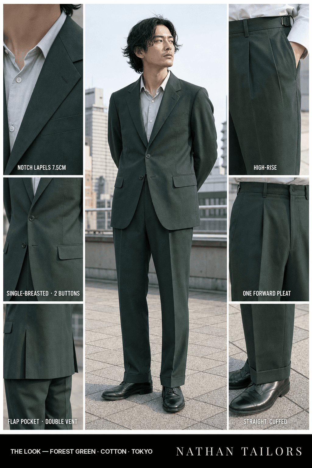 forest green single-breasted bespoke suit — custom tailored by Nathan Tailors, the Hoi An custom tailor