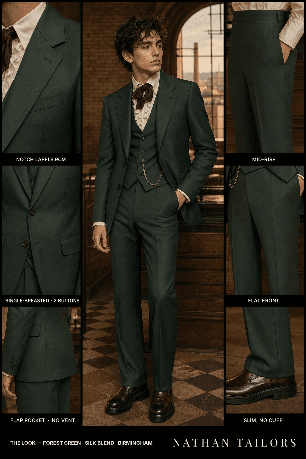 forest green single-breasted notch-lapel bespoke suit — AI-rendered by Nathan Tailors, the Hoi An custom tailor. Available as a custom tailored suit from $149.