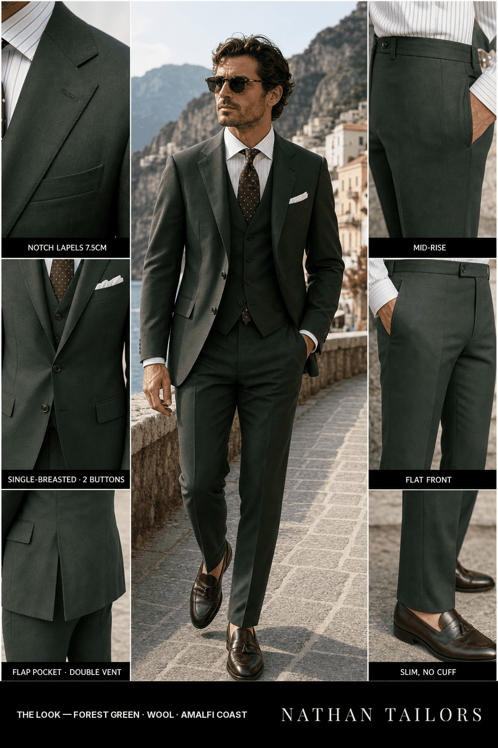 forest green single-breasted bespoke suit — custom tailored by Nathan Tailors, the Hoi An custom tailor