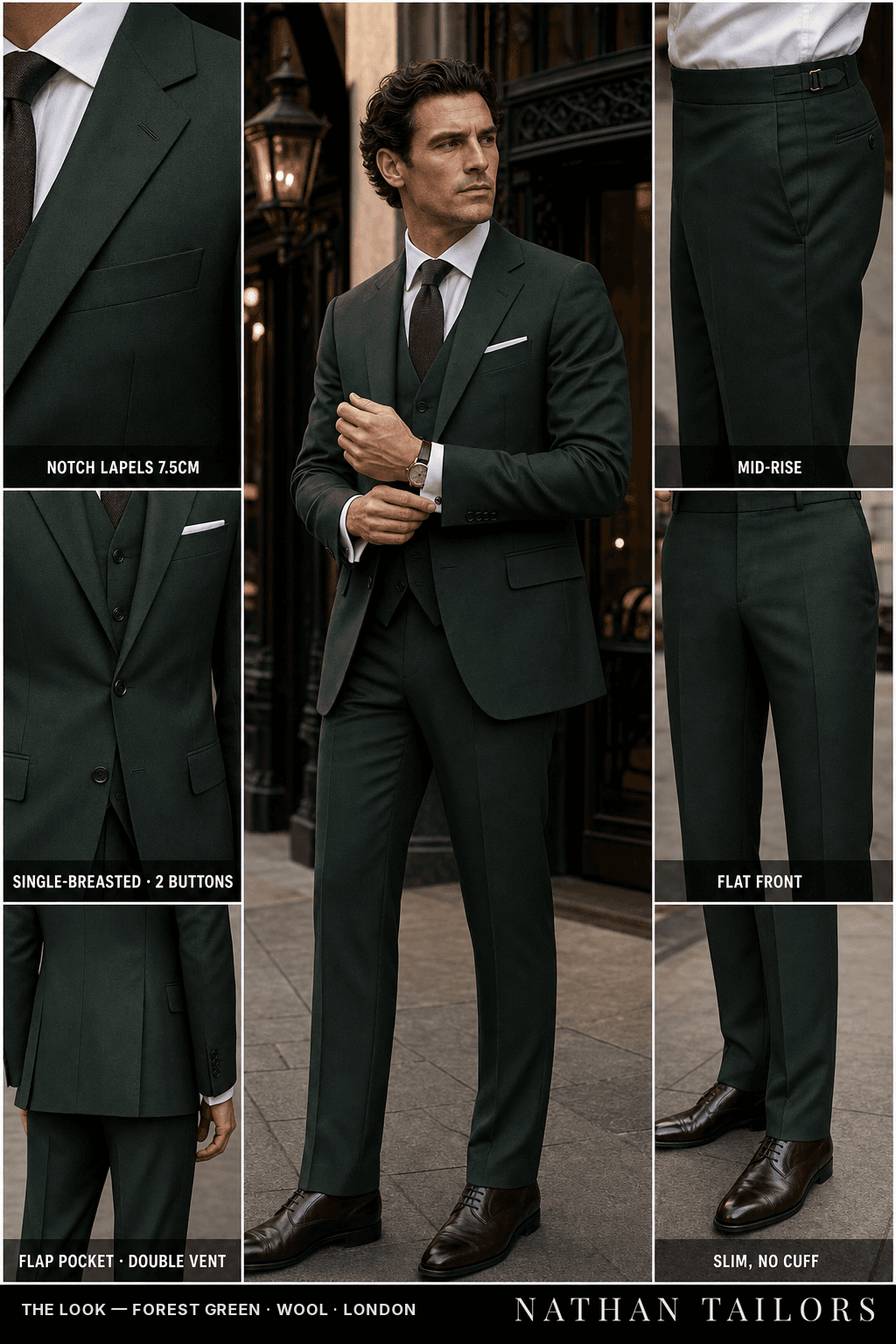 forest green single-breasted notch-lapel bespoke suit — AI-rendered by Nathan Tailors, the Hoi An custom tailor. Available as a custom tailored suit from $149.