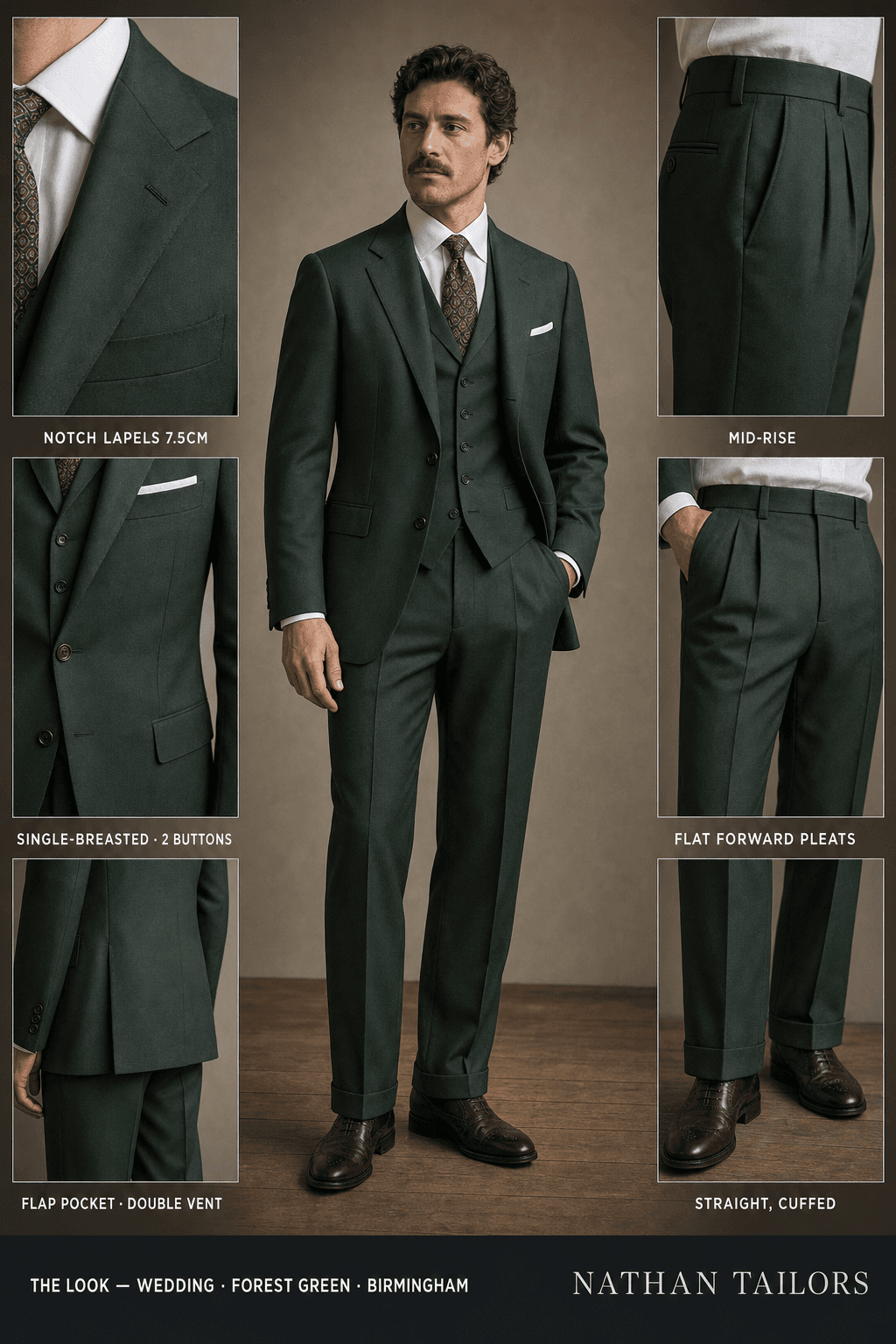 forest green single-breasted notch-lapel bespoke suit — AI-rendered by Nathan Tailors, the Hoi An custom tailor. Available as a custom tailored suit from $129.