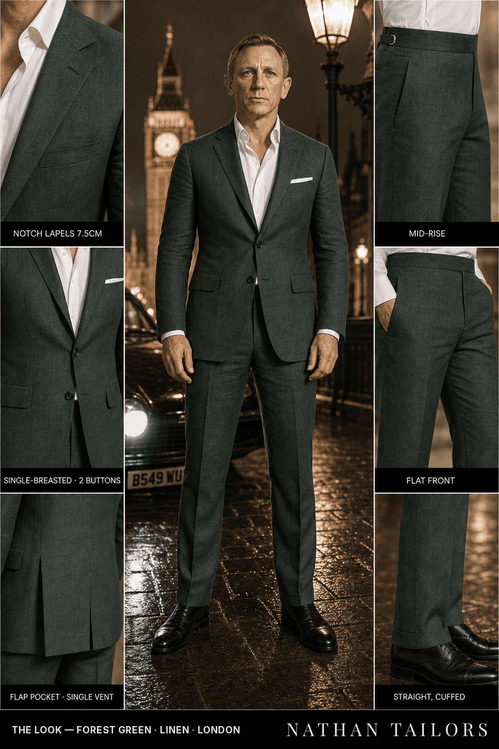 forest green single-breasted bespoke suit — custom tailored by Nathan Tailors, the Hoi An custom tailor