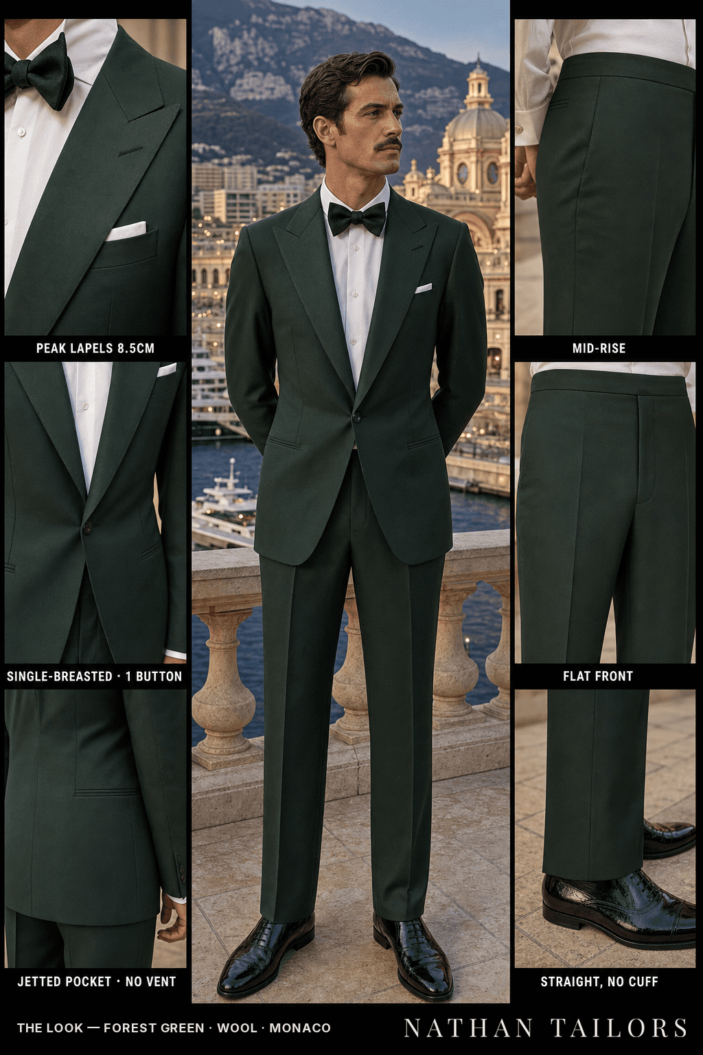 forest green single-breasted peak-lapel bespoke suit — AI-rendered by Nathan Tailors, the Hoi An custom tailor. Available as a custom tailored suit from $149.