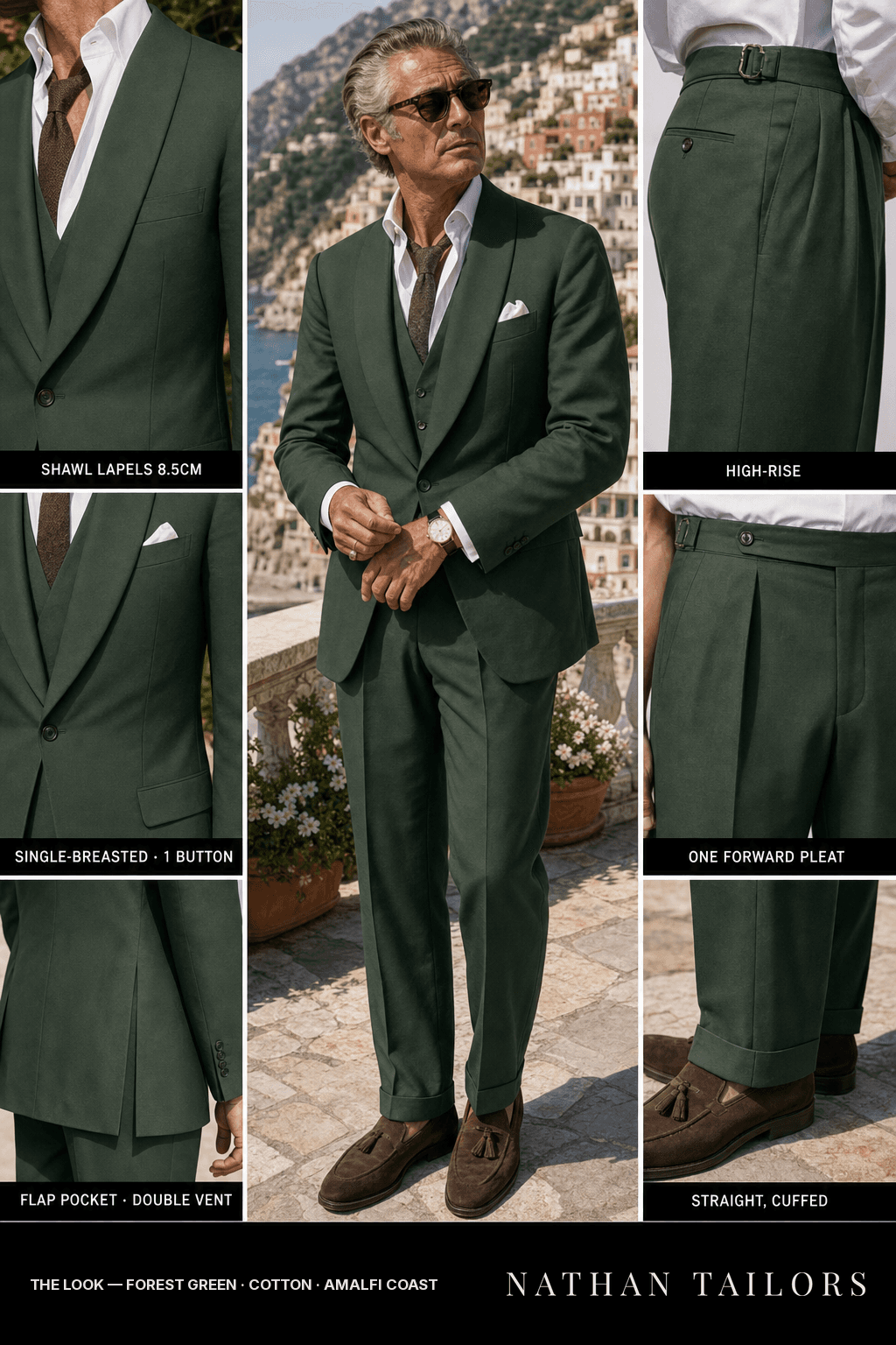forest green single-breasted bespoke suit — custom tailored by Nathan Tailors, the Hoi An custom tailor