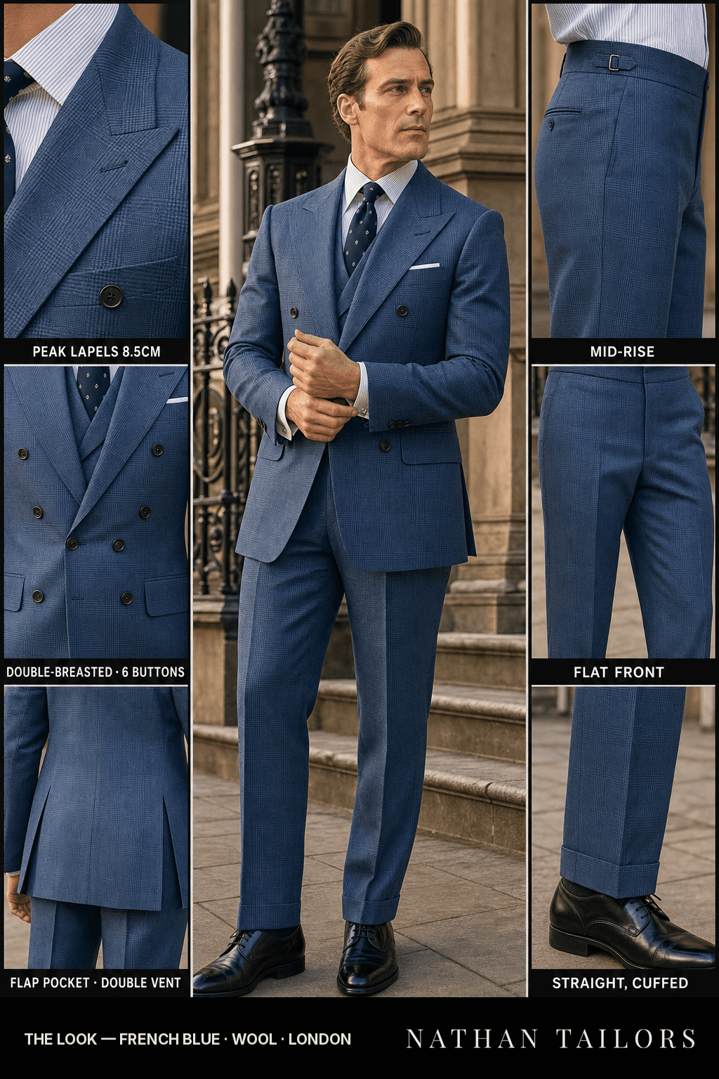 french blue glen plaid double-breasted peak-lapel bespoke suit — AI-rendered by Nathan Tailors, the Hoi An custom tailor. Available as a custom tailored suit from $149.