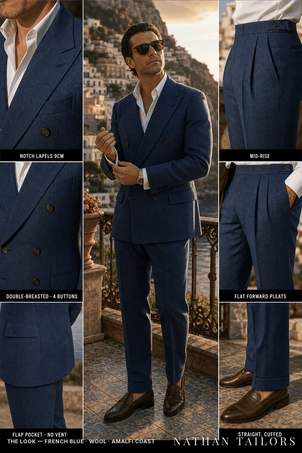 french blue herringbone double-breasted bespoke suit — custom tailored by Nathan Tailors, the Hoi An custom tailor
