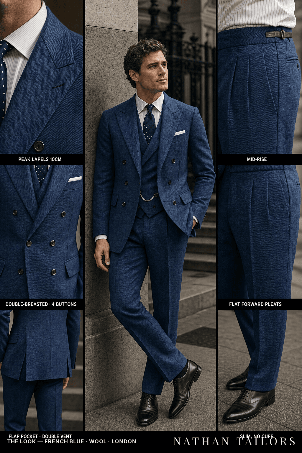 french blue herringbone double-breasted bespoke suit — custom tailored by Nathan Tailors, the Hoi An custom tailor
