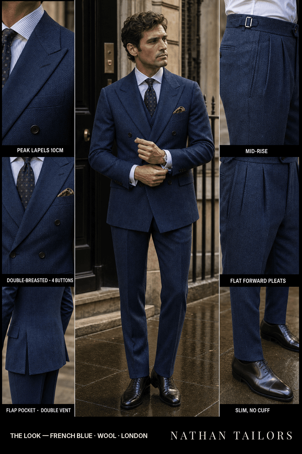 french blue herringbone double-breasted bespoke suit — custom tailored by Nathan Tailors, the Hoi An custom tailor