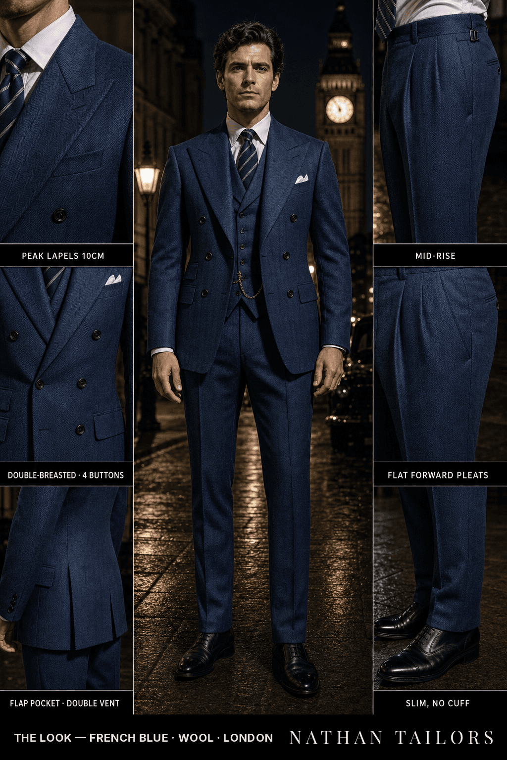 french blue herringbone double-breasted bespoke suit — custom tailored by Nathan Tailors, the Hoi An custom tailor