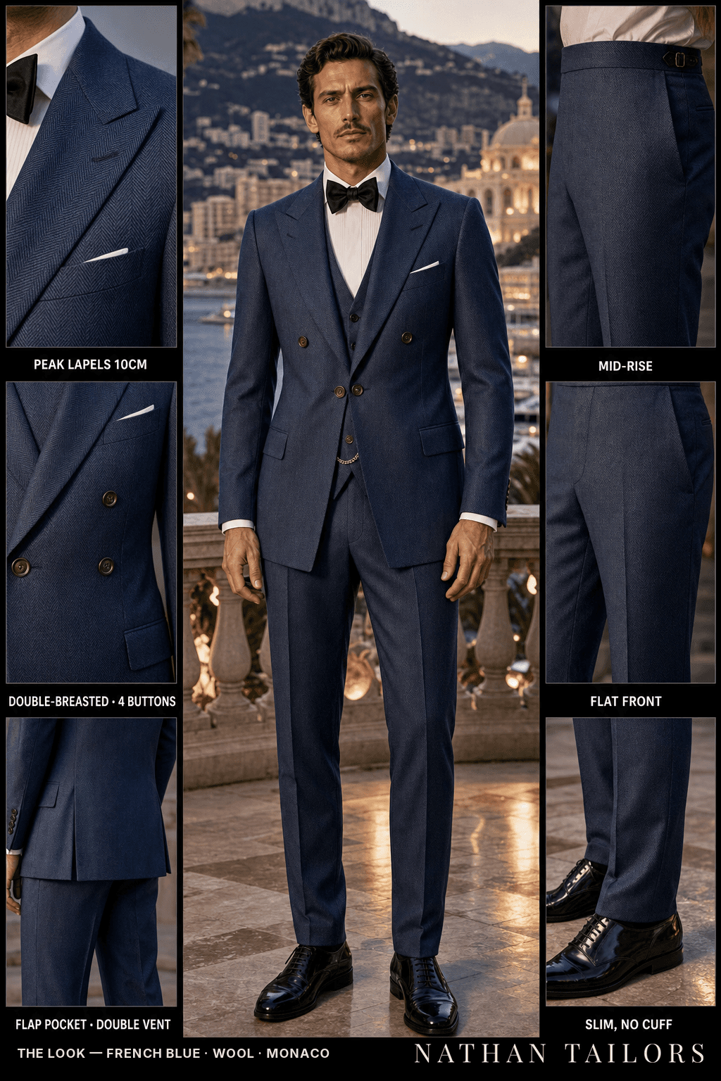 french blue herringbone double-breasted peak-lapel bespoke suit — AI-rendered by Nathan Tailors, the Hoi An custom tailor. Available as a custom tailored suit from $149.