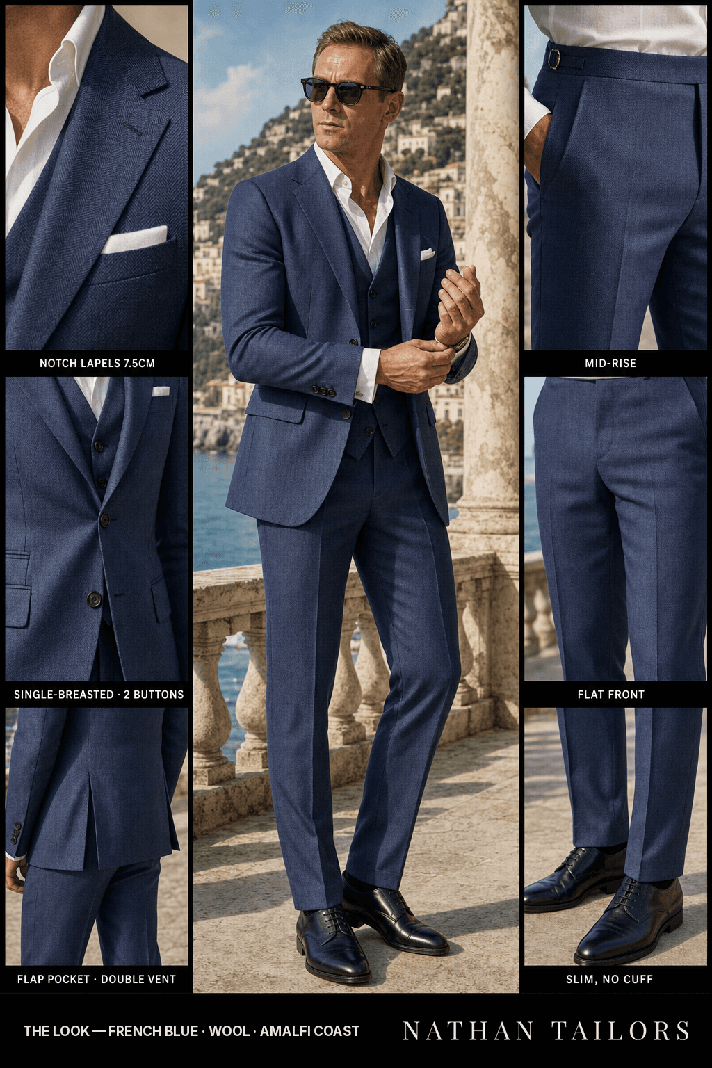 french blue herringbone single-breasted bespoke suit — custom tailored by Nathan Tailors, the Hoi An custom tailor