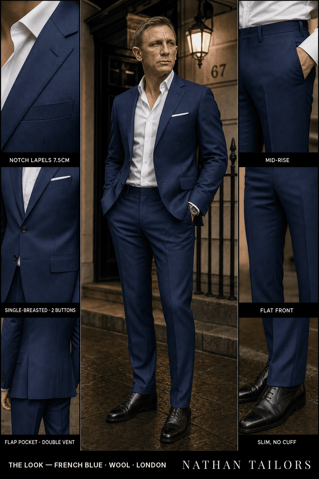 french blue single-breasted notch-lapel bespoke suit — AI-rendered by Nathan Tailors, the Hoi An custom tailor. Available as a custom tailored suit from $149.