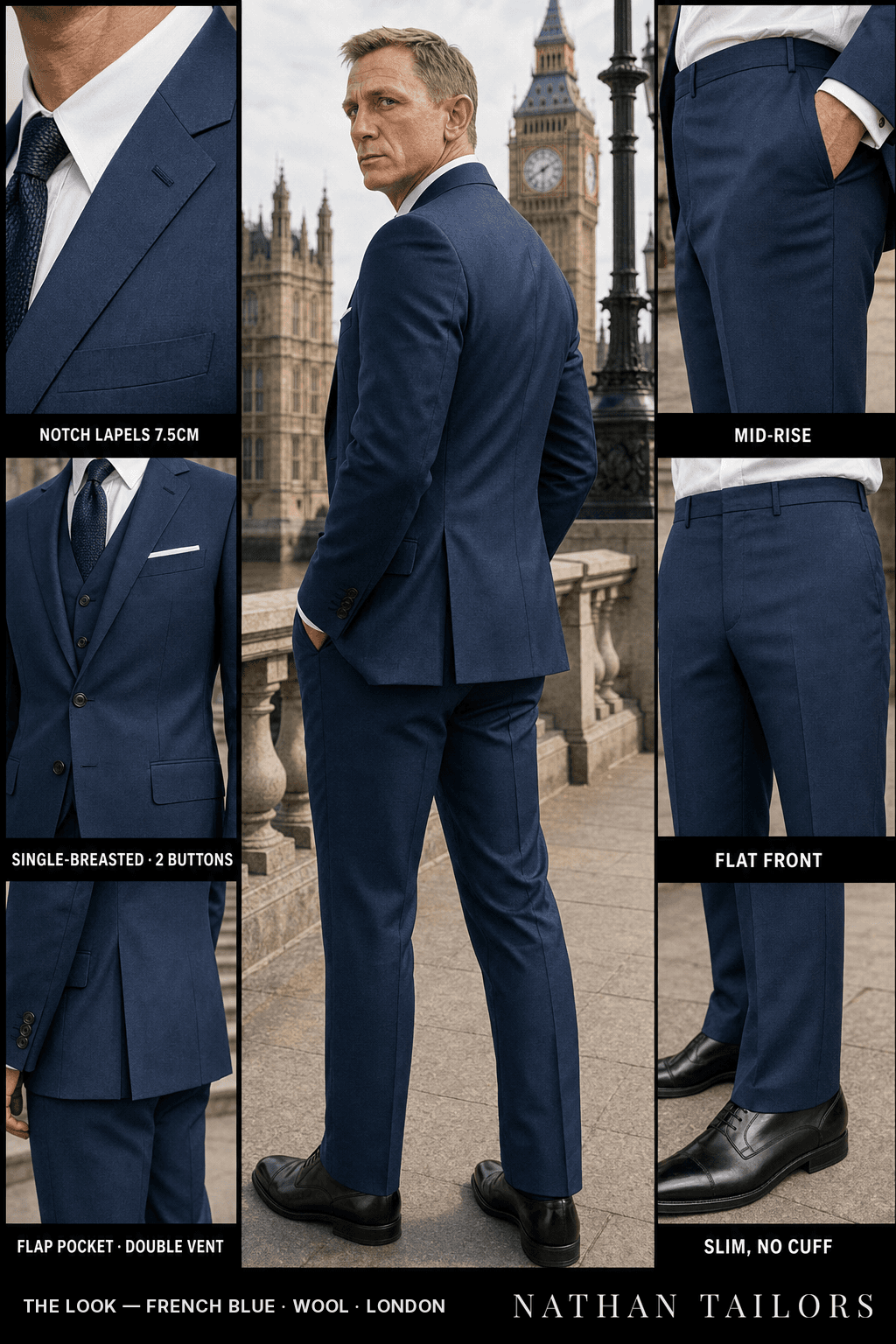 french blue single-breasted notch-lapel bespoke suit — AI-rendered by Nathan Tailors, the Hoi An custom tailor. Available as a custom tailored suit from $149.
