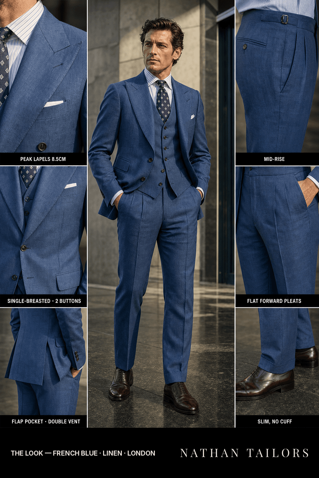 french blue single-breasted peak-lapel bespoke suit — AI-rendered by Nathan Tailors, the Hoi An custom tailor. Available as a custom tailored suit from $149.