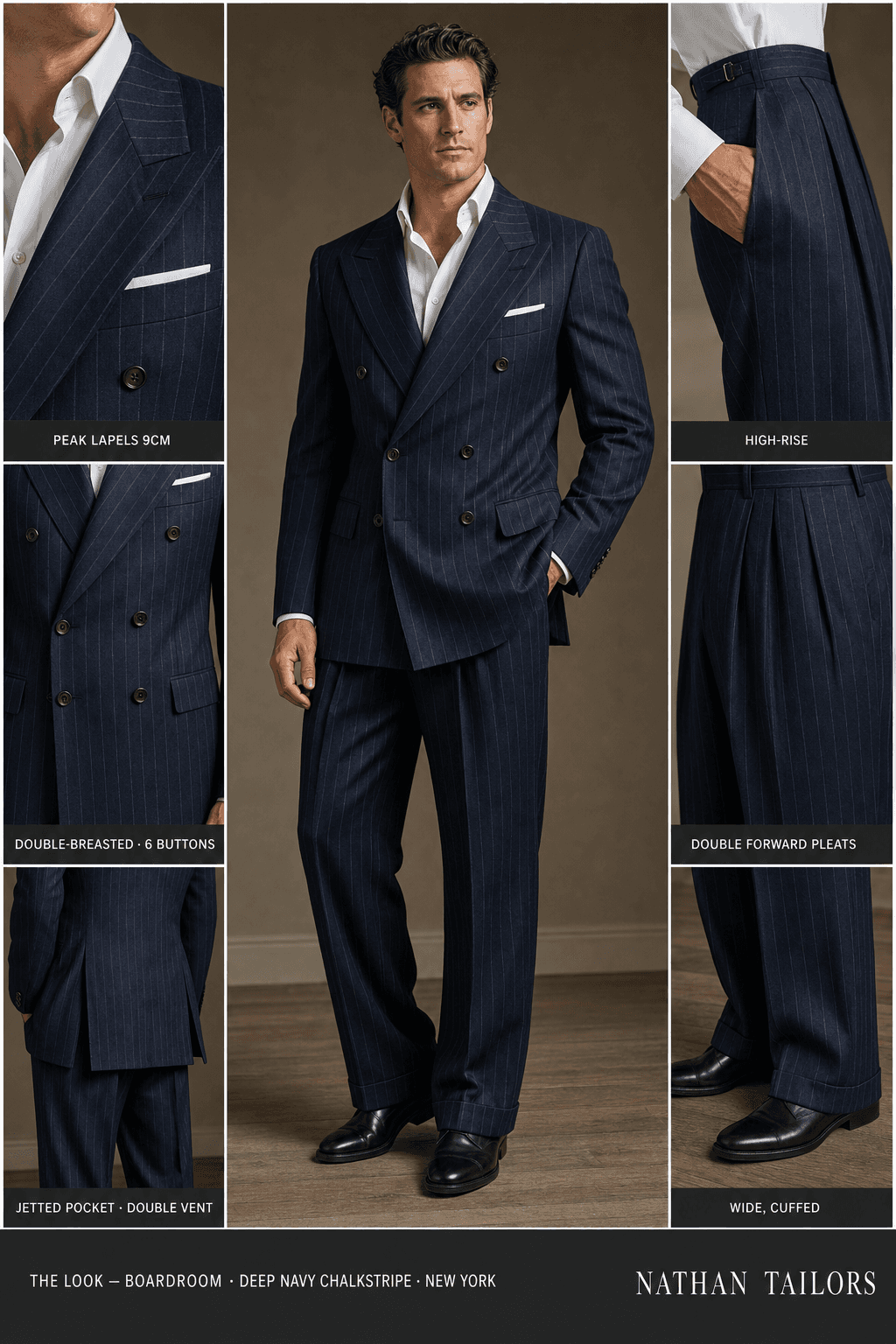 deep navy chalkstripe chalk stripe double-breasted peak-lapel bespoke suit — AI-rendered by Nathan Tailors, the Hoi An custom tailor. Available as a custom tailored suit from $129.