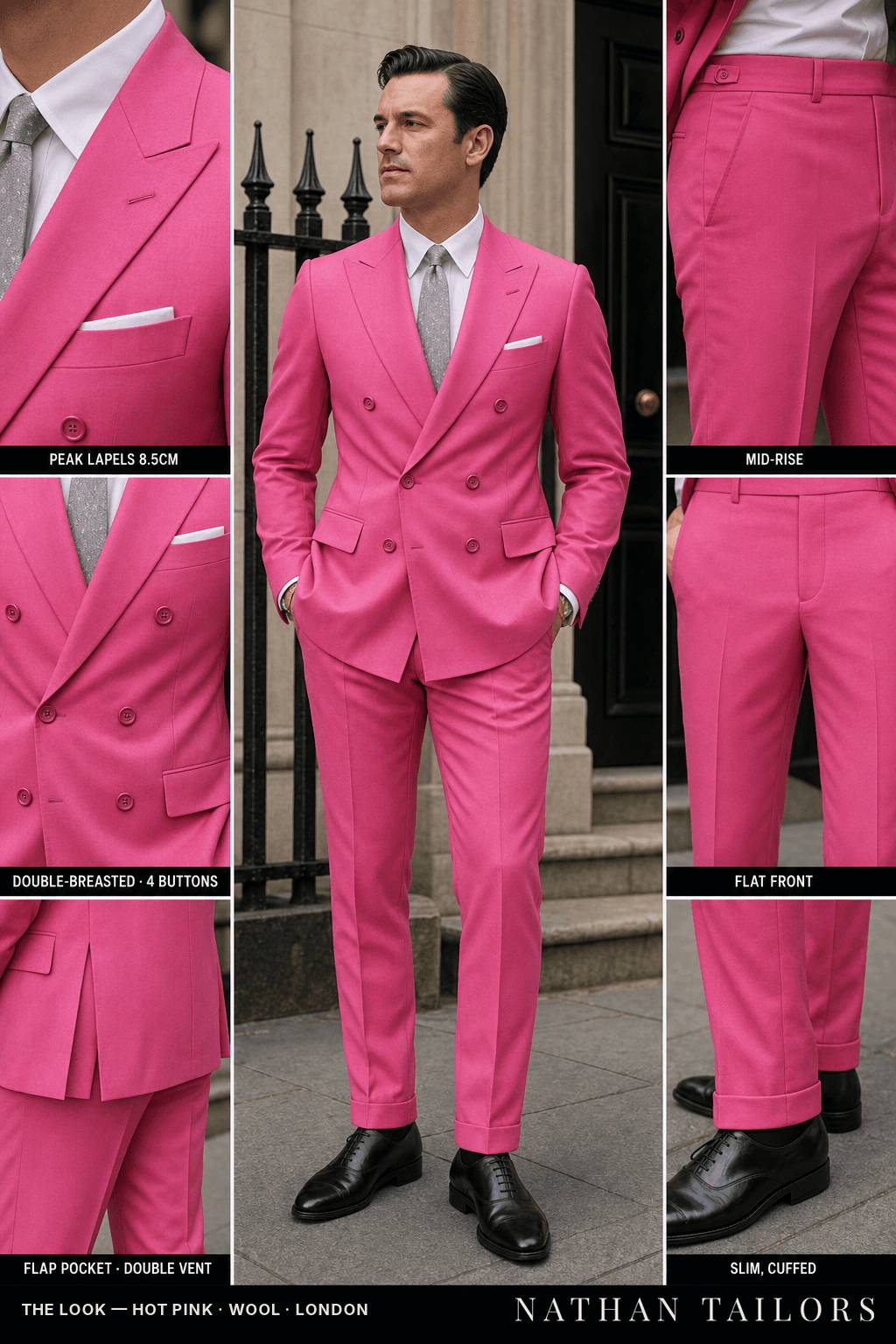 hot pink double-breasted bespoke suit — custom tailored by Nathan Tailors, the Hoi An custom tailor