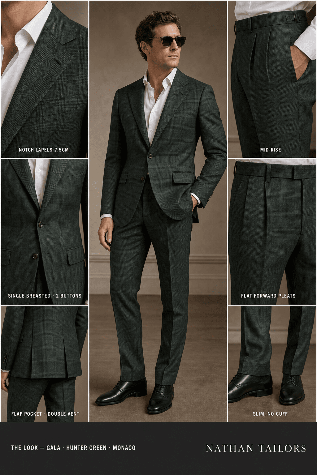 hunter green glen plaid single-breasted notch-lapel bespoke suit — AI-rendered by Nathan Tailors, the Hoi An custom tailor. Available as a custom tailored suit from $129.