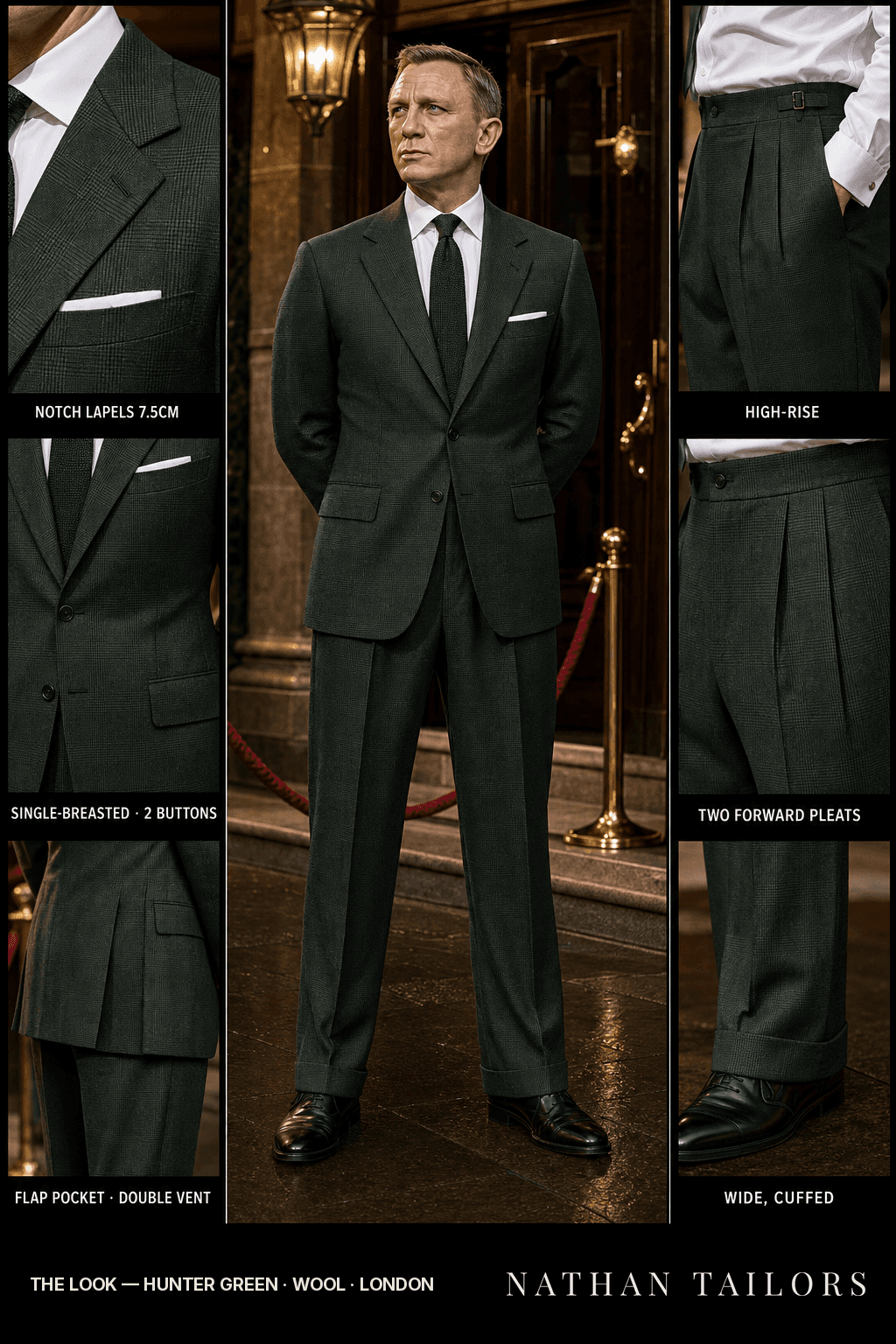 hunter green glen plaid single-breasted notch-lapel bespoke suit — AI-rendered by Nathan Tailors, the Hoi An custom tailor. Available as a custom tailored suit from $149.