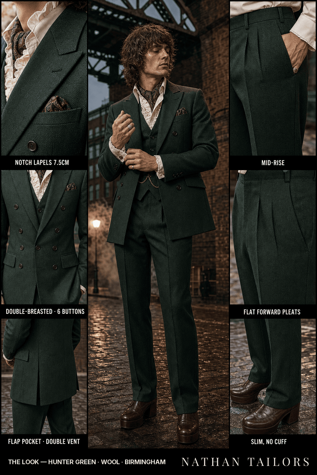 hunter green herringbone double-breasted bespoke suit — custom tailored by Nathan Tailors, the Hoi An custom tailor