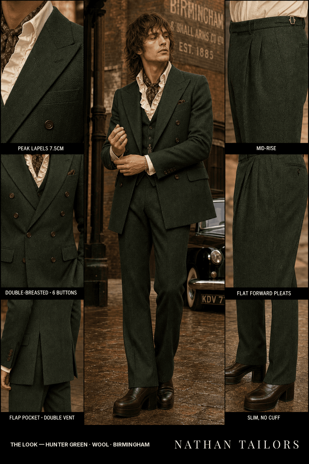 hunter green herringbone double-breasted bespoke suit — custom tailored by Nathan Tailors, the Hoi An custom tailor