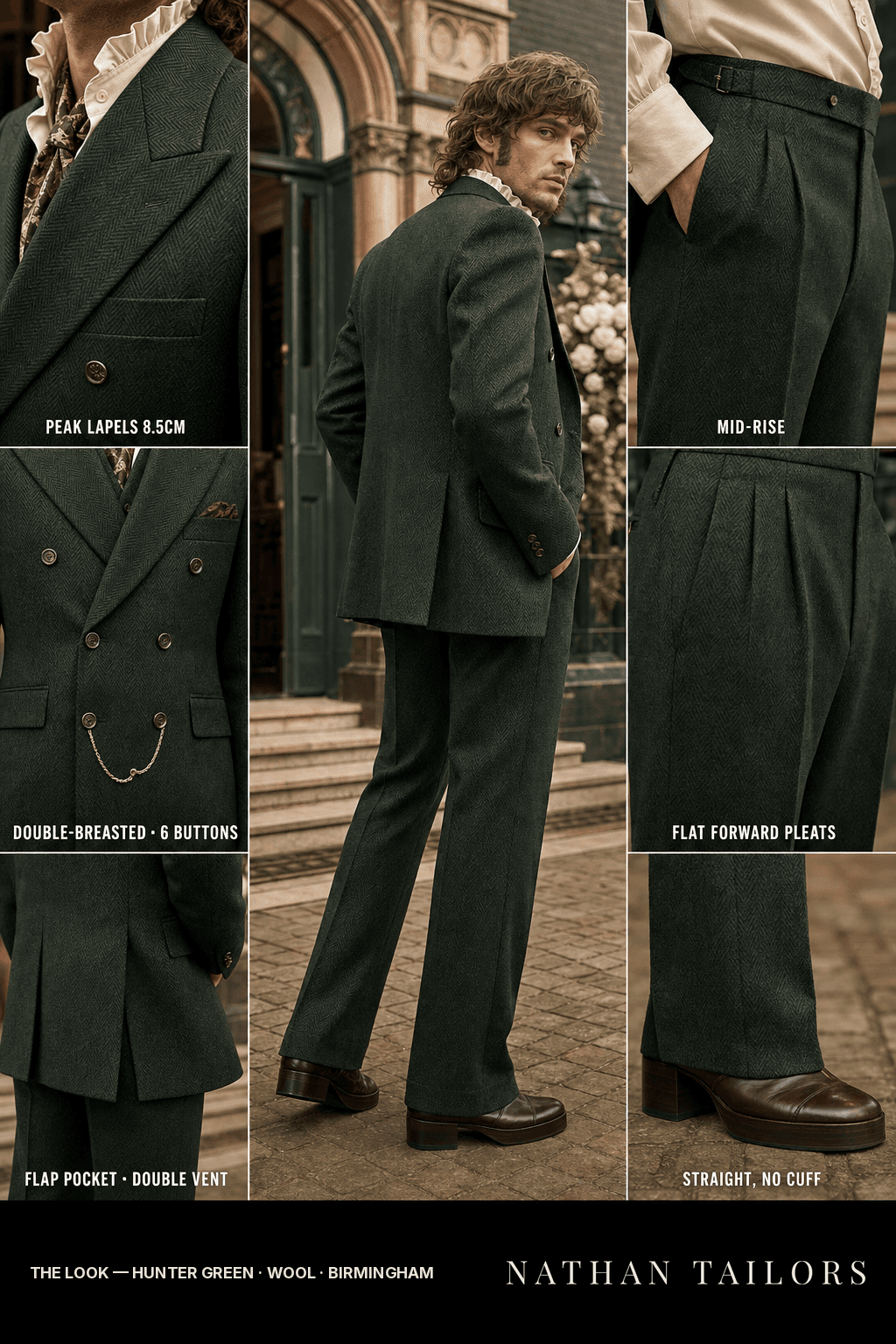 hunter green herringbone double-breasted bespoke suit — custom tailored by Nathan Tailors, the Hoi An custom tailor