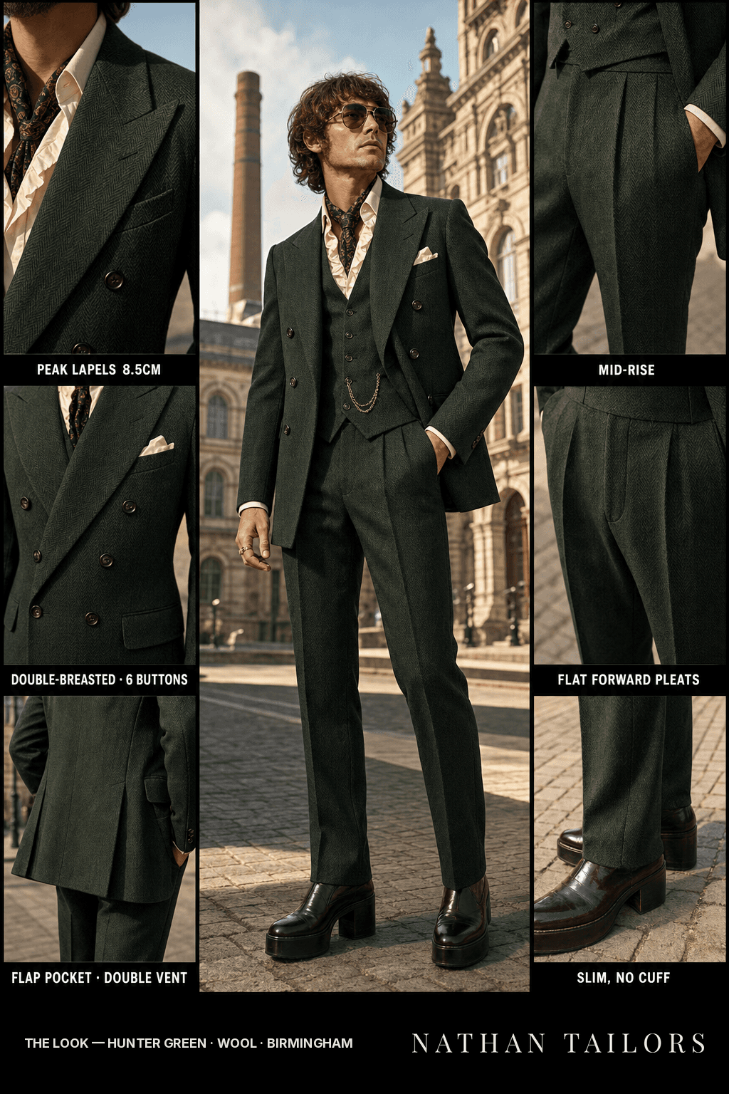 hunter green herringbone double-breasted bespoke suit — custom tailored by Nathan Tailors, the Hoi An custom tailor