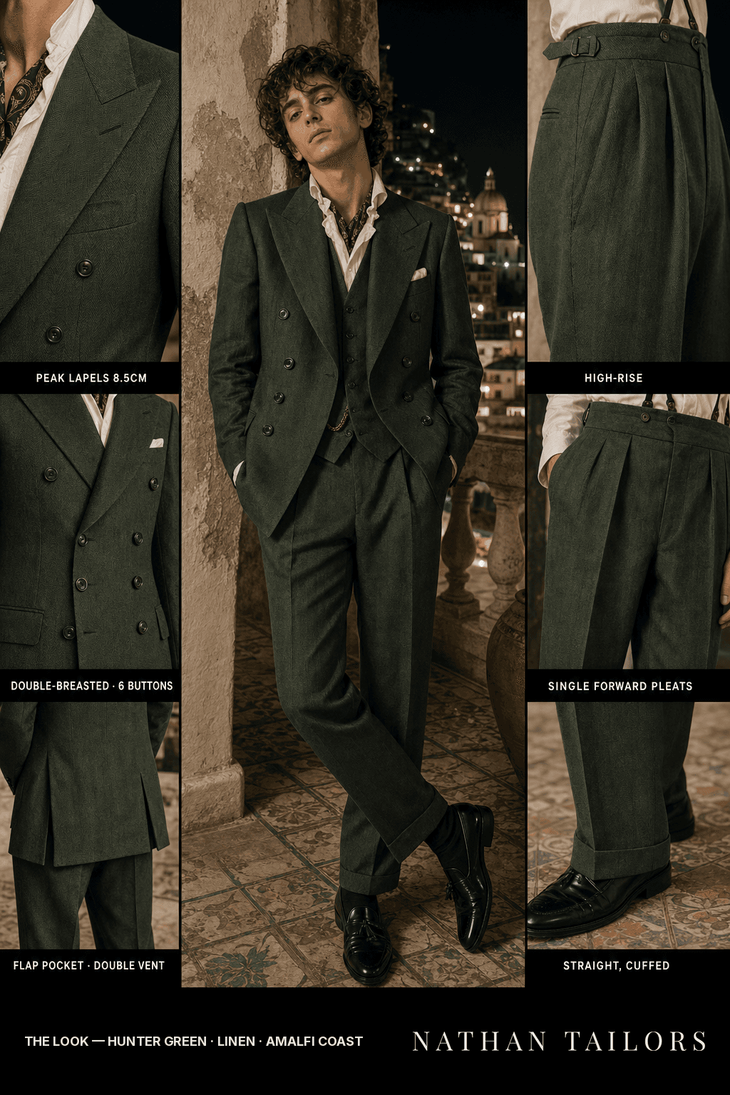 hunter green herringbone double-breasted peak-lapel bespoke suit — AI-rendered by Nathan Tailors, the Hoi An custom tailor. Available as a custom tailored suit from $149.