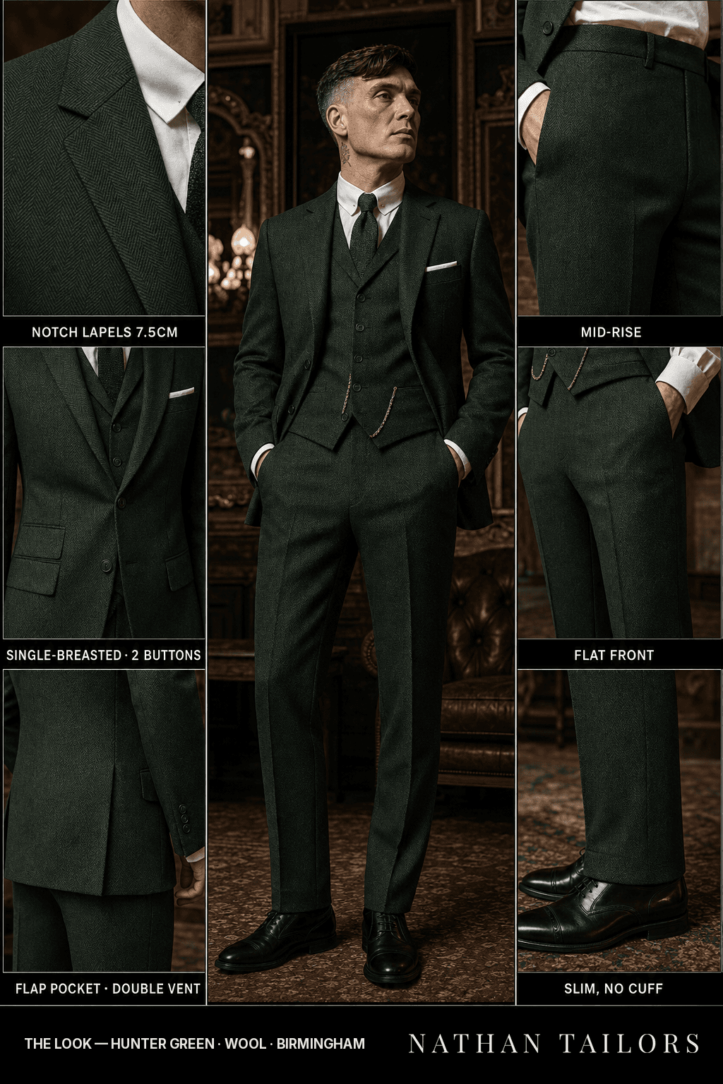 hunter green herringbone single-breasted bespoke suit — custom tailored by Nathan Tailors, the Hoi An custom tailor