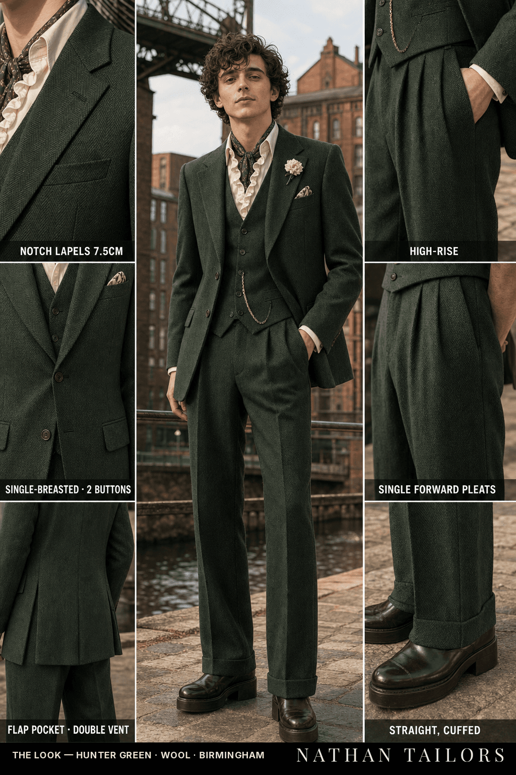 hunter green herringbone single-breasted bespoke suit — custom tailored by Nathan Tailors, the Hoi An custom tailor
