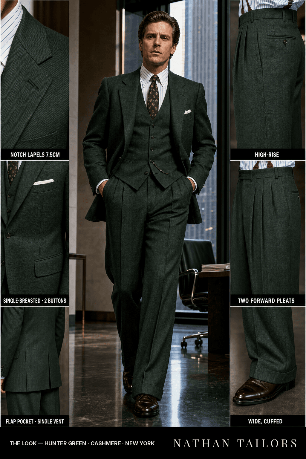hunter green herringbone single-breasted bespoke suit — custom tailored by Nathan Tailors, the Hoi An custom tailor