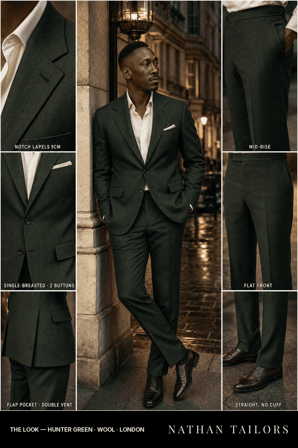 hunter green herringbone single-breasted bespoke suit — custom tailored by Nathan Tailors, the Hoi An custom tailor