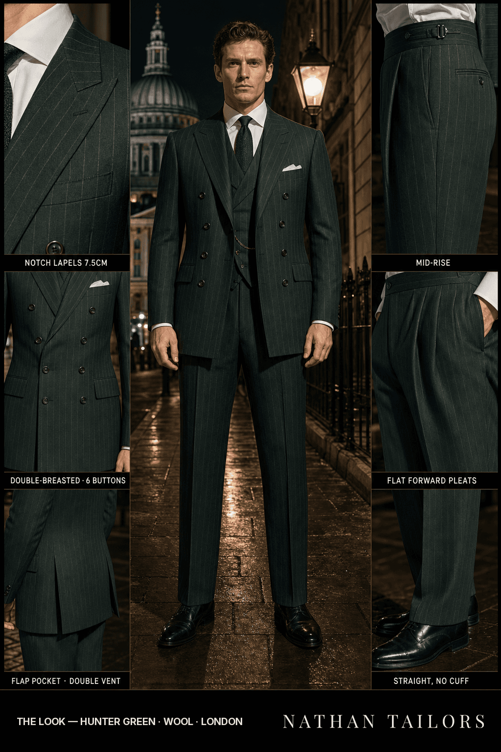 hunter green pinstripe double-breasted bespoke suit — custom tailored by Nathan Tailors, the Hoi An custom tailor