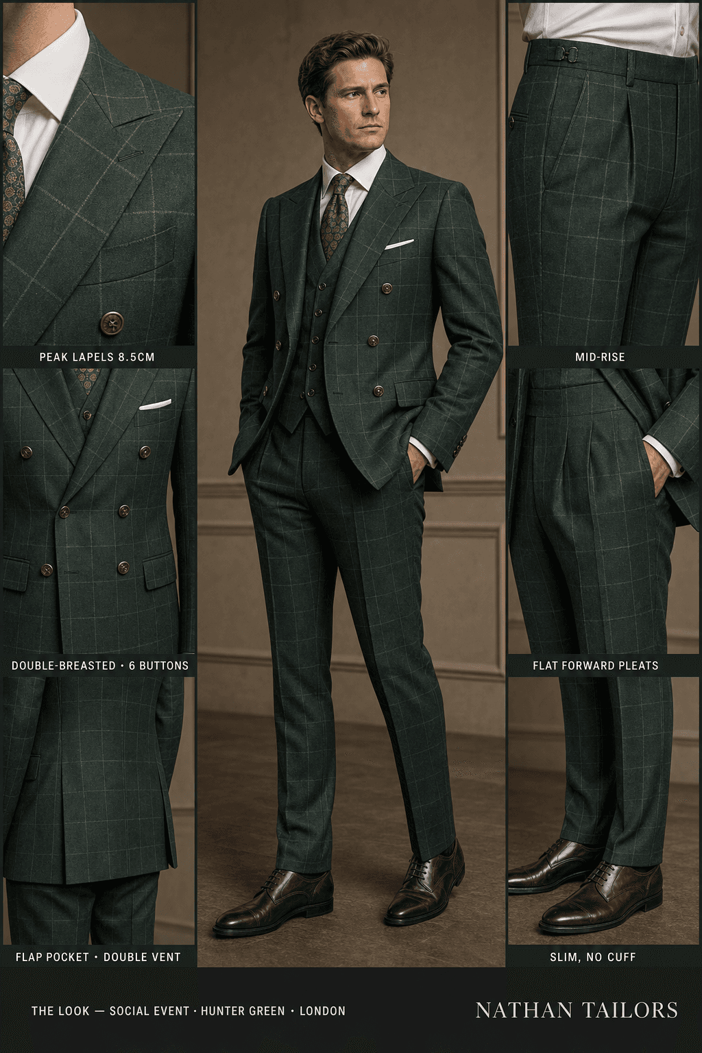hunter green windowpane double-breasted peak-lapel bespoke suit — AI-rendered by Nathan Tailors, the Hoi An custom tailor. Available as a custom tailored suit from $129.
