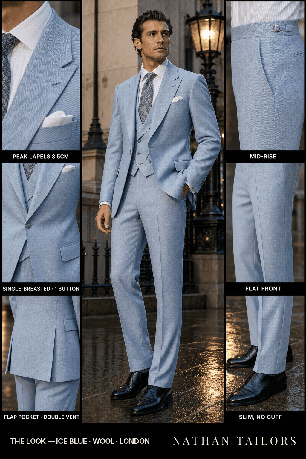 ice blue herringbone single-breasted bespoke suit — custom tailored by Nathan Tailors, the Hoi An custom tailor