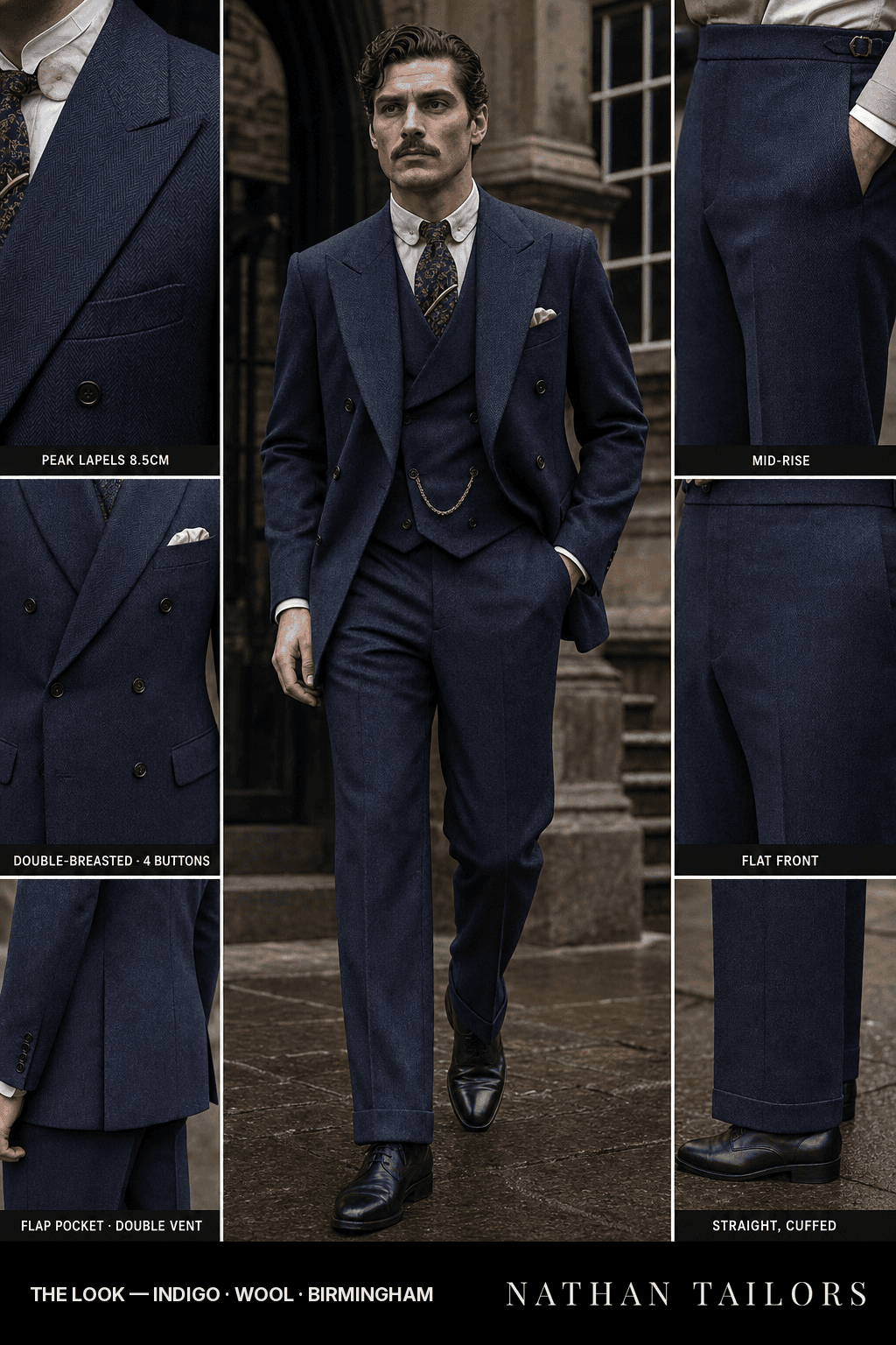 indigo herringbone double-breasted peak-lapel bespoke suit — AI-rendered by Nathan Tailors, the Hoi An custom tailor. Available as a custom tailored suit from $149.