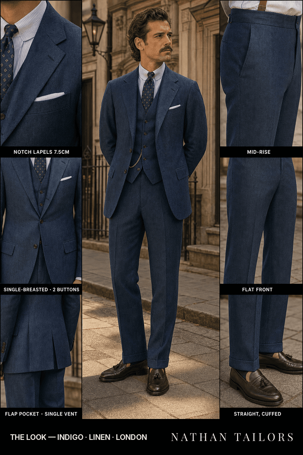 indigo herringbone single-breasted notch-lapel bespoke suit — AI-rendered by Nathan Tailors, the Hoi An custom tailor. Available as a custom tailored suit from $149.