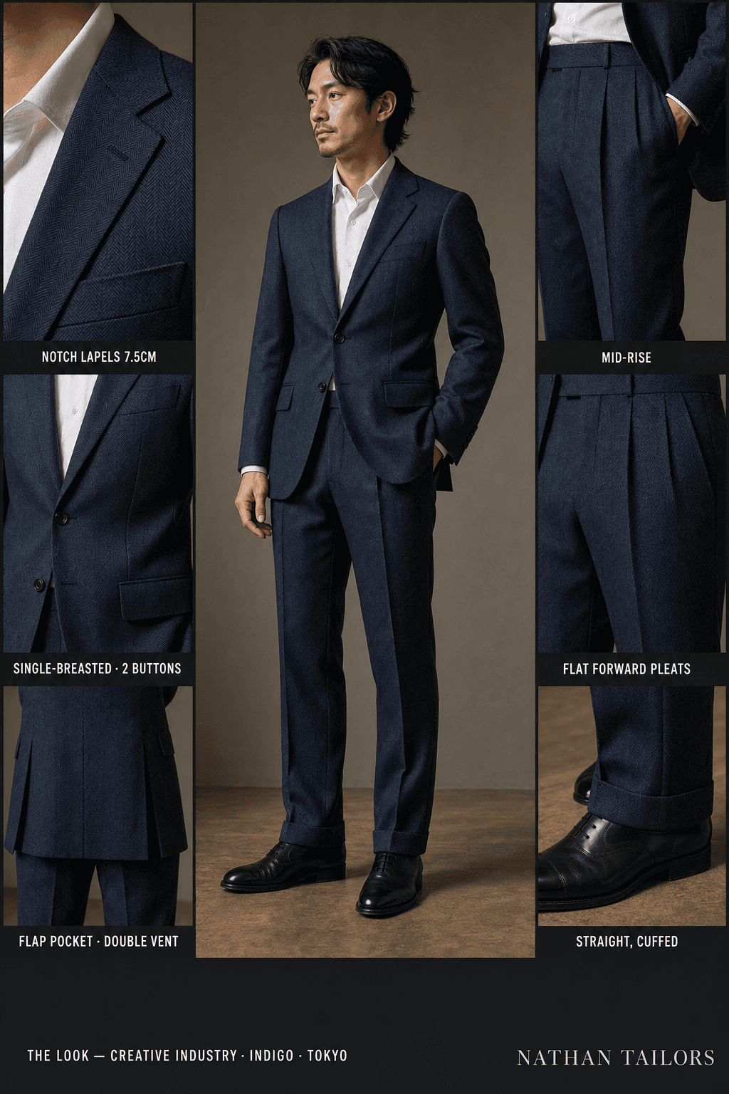 indigo herringbone single-breasted bespoke suit — custom tailored by Nathan Tailors, the Hoi An custom tailor