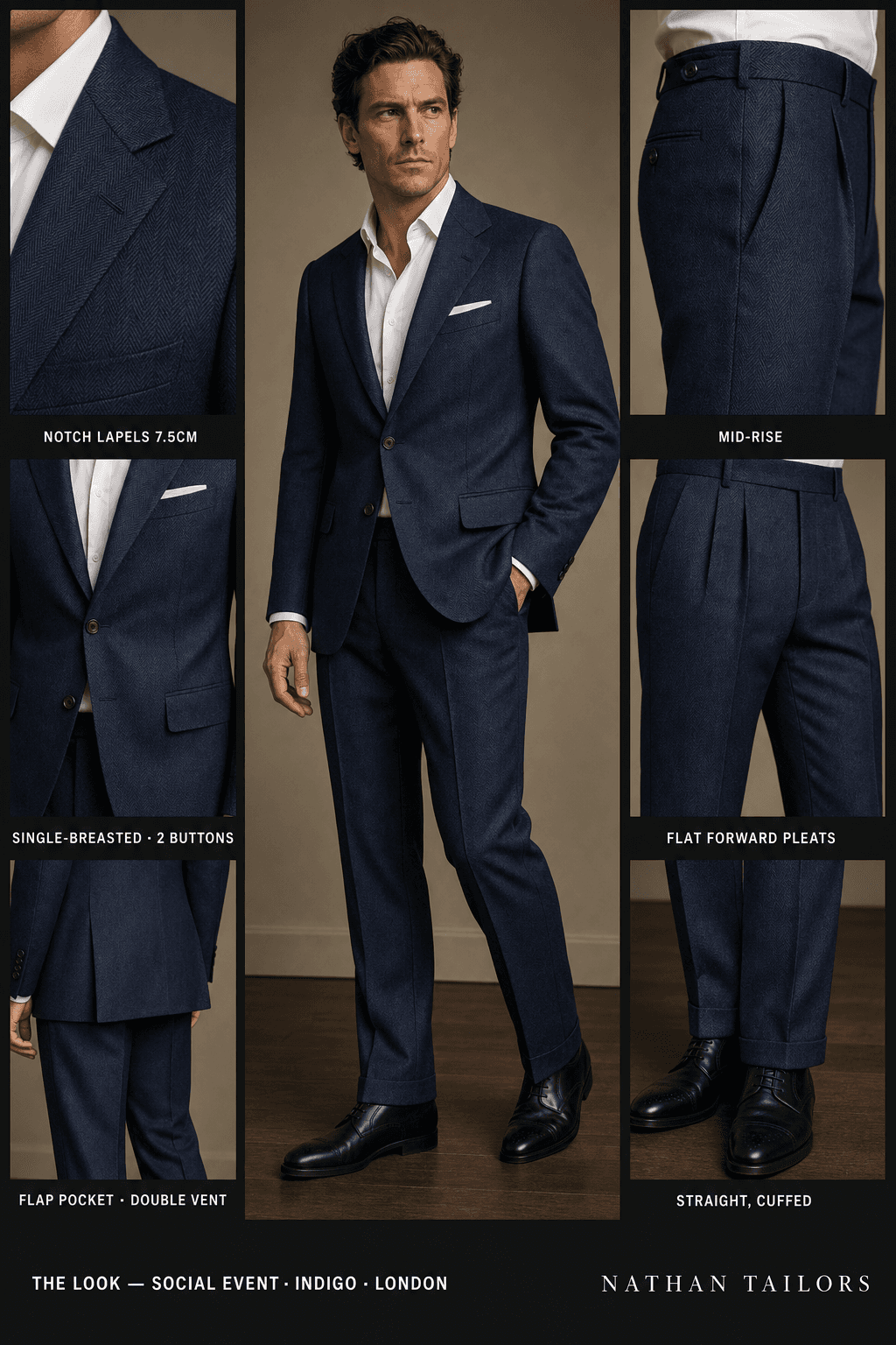 indigo herringbone single-breasted bespoke suit — custom tailored by Nathan Tailors, the Hoi An custom tailor
