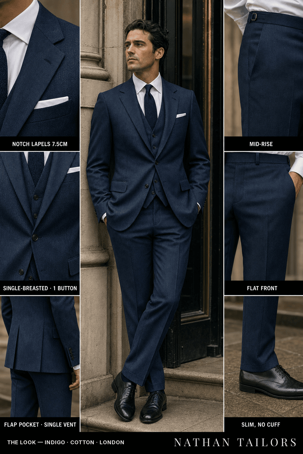 indigo herringbone single-breasted bespoke suit — custom tailored by Nathan Tailors, the Hoi An custom tailor