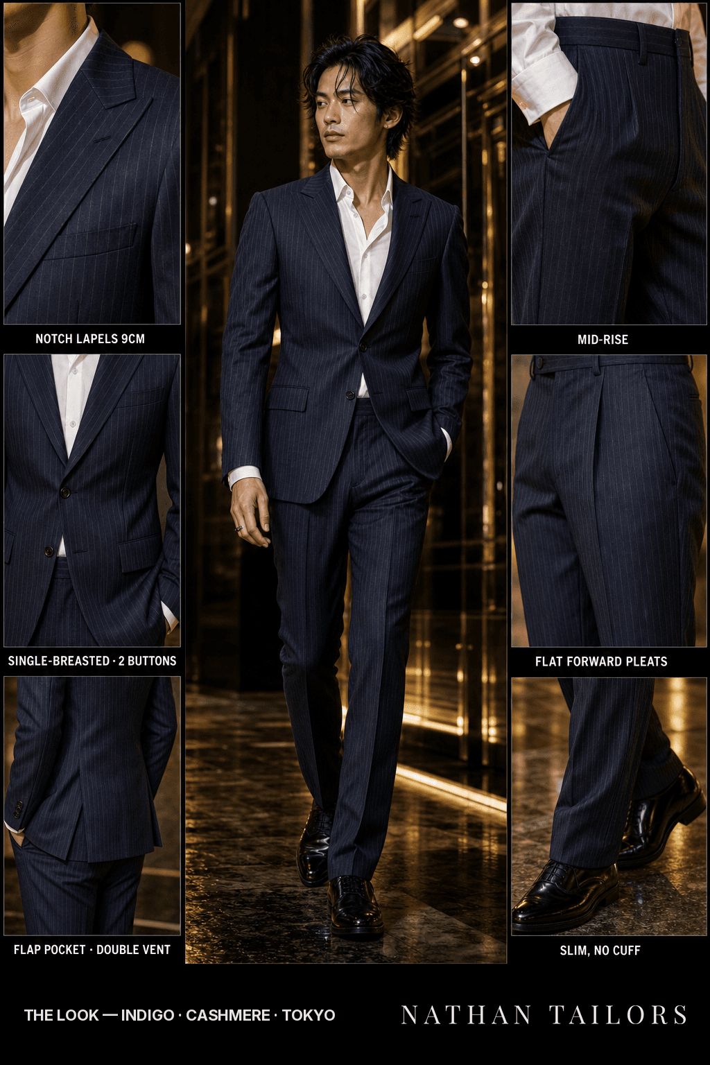 indigo pinstripe single-breasted bespoke suit — custom tailored by Nathan Tailors, the Hoi An custom tailor