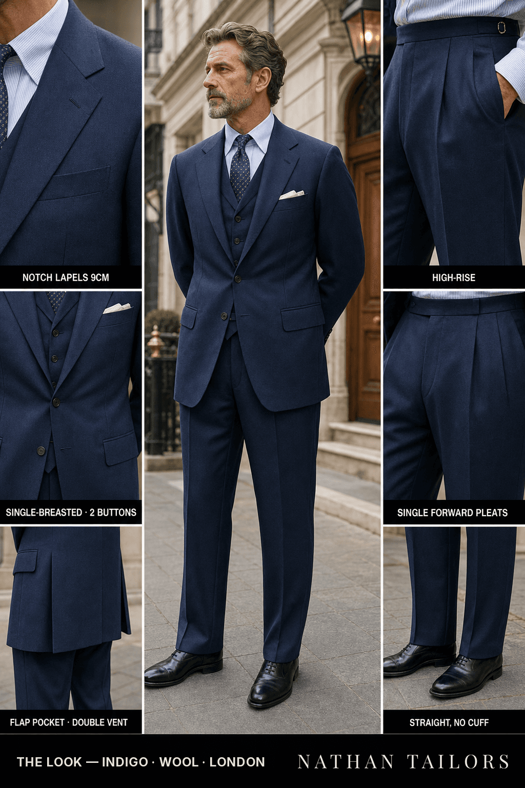 indigo single-breasted bespoke suit — custom tailored by Nathan Tailors, the Hoi An custom tailor
