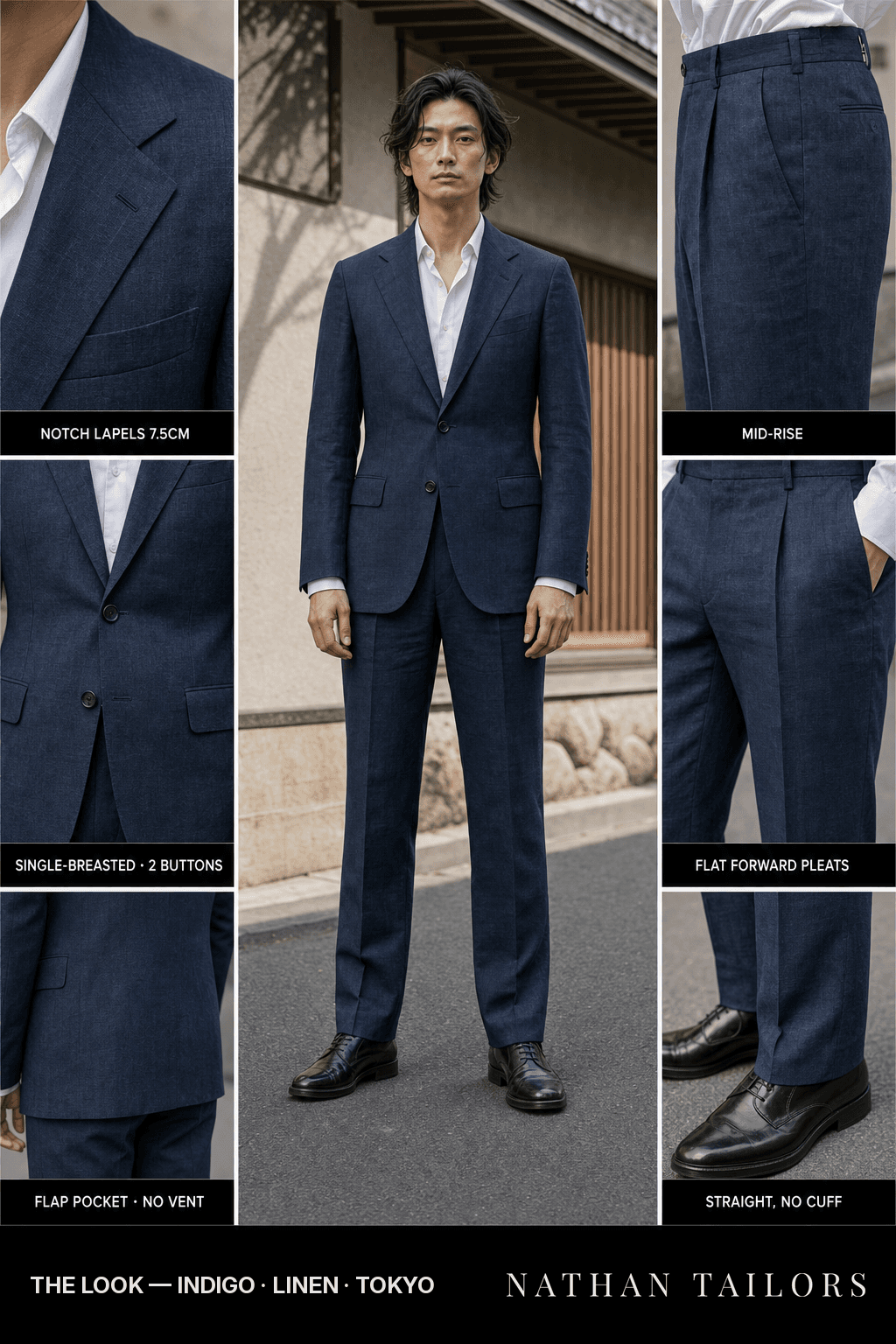 indigo single-breasted bespoke suit — custom tailored by Nathan Tailors, the Hoi An custom tailor