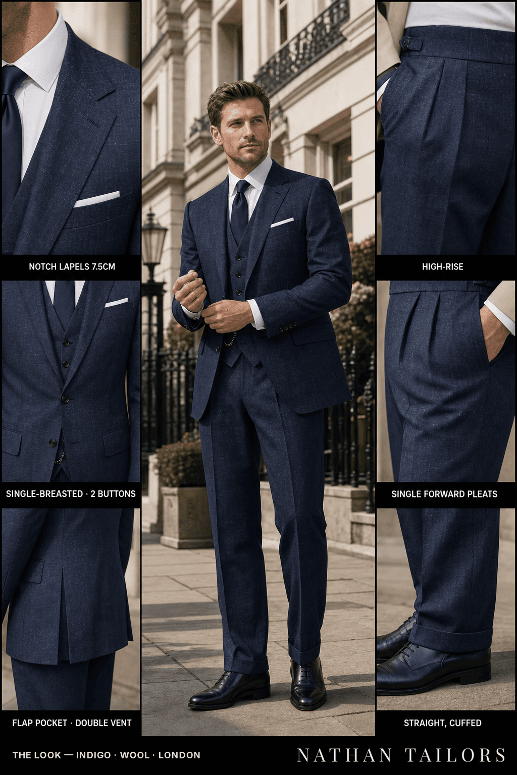 indigo single-breasted bespoke suit — custom tailored by Nathan Tailors, the Hoi An custom tailor