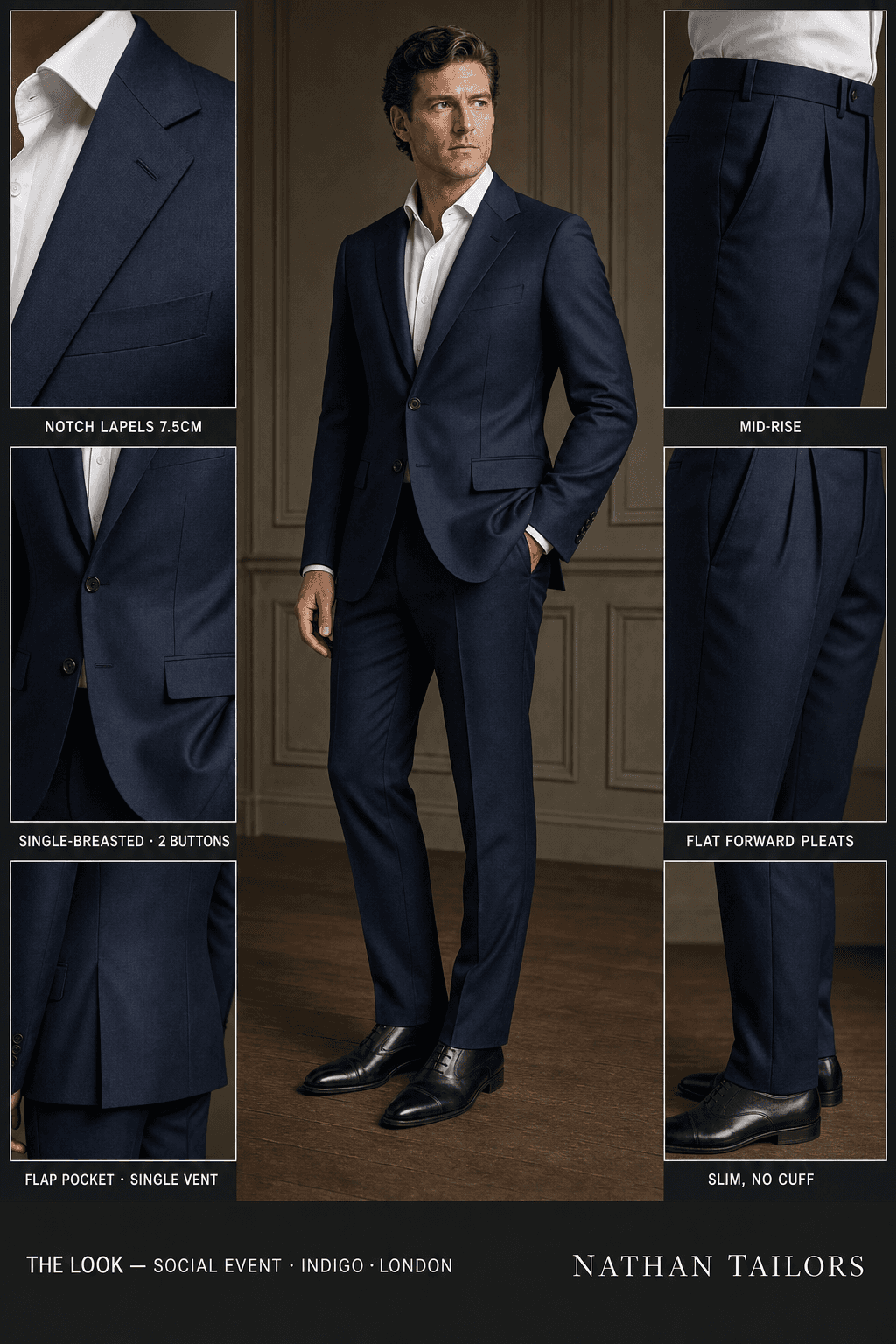 indigo single-breasted notch-lapel bespoke suit — AI-rendered by Nathan Tailors, the Hoi An custom tailor. Available as a custom tailored suit from $129.
