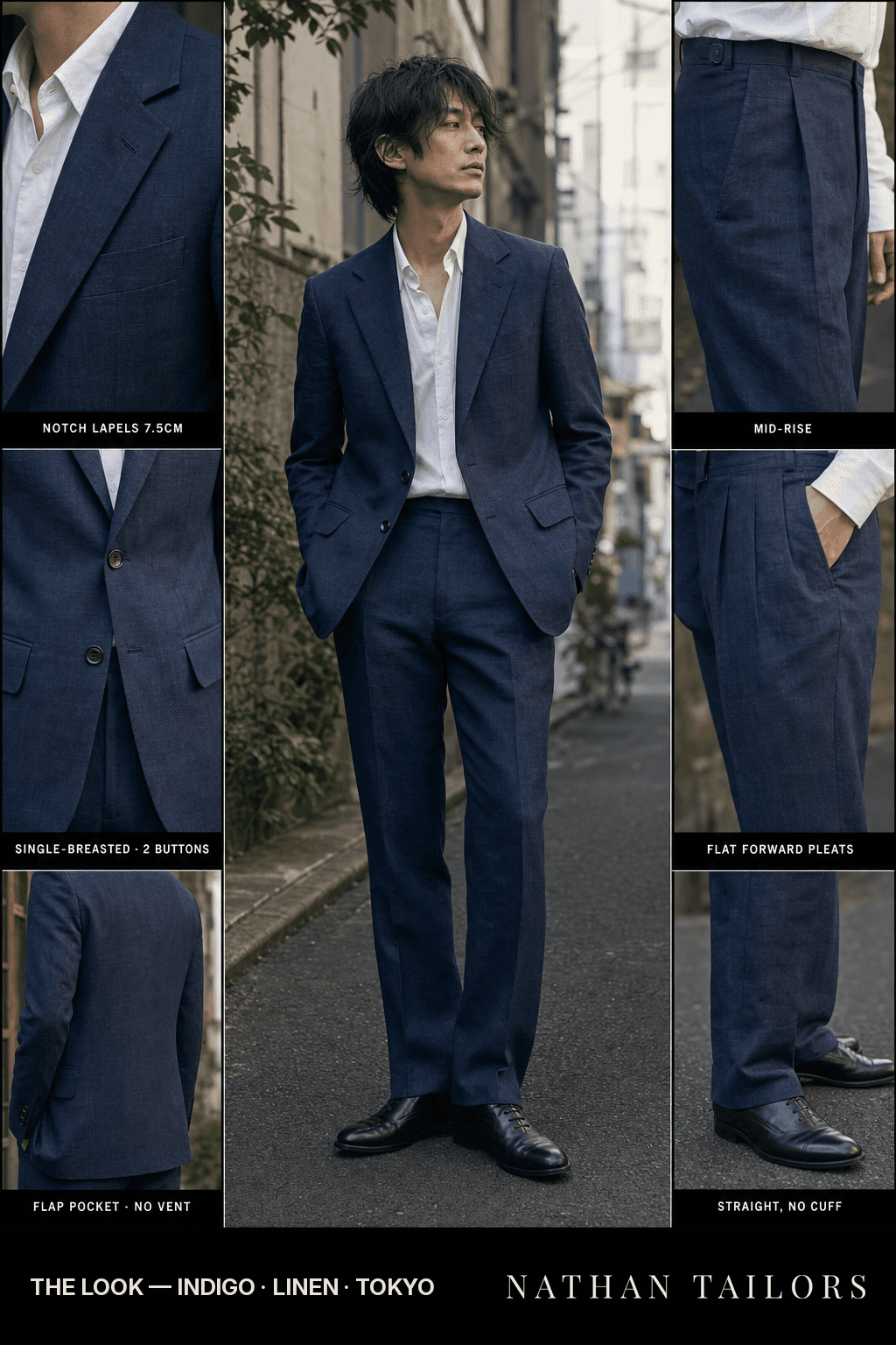 indigo single-breasted notch-lapel bespoke suit — AI-rendered by Nathan Tailors, the Hoi An custom tailor. Available as a custom tailored suit from $149.