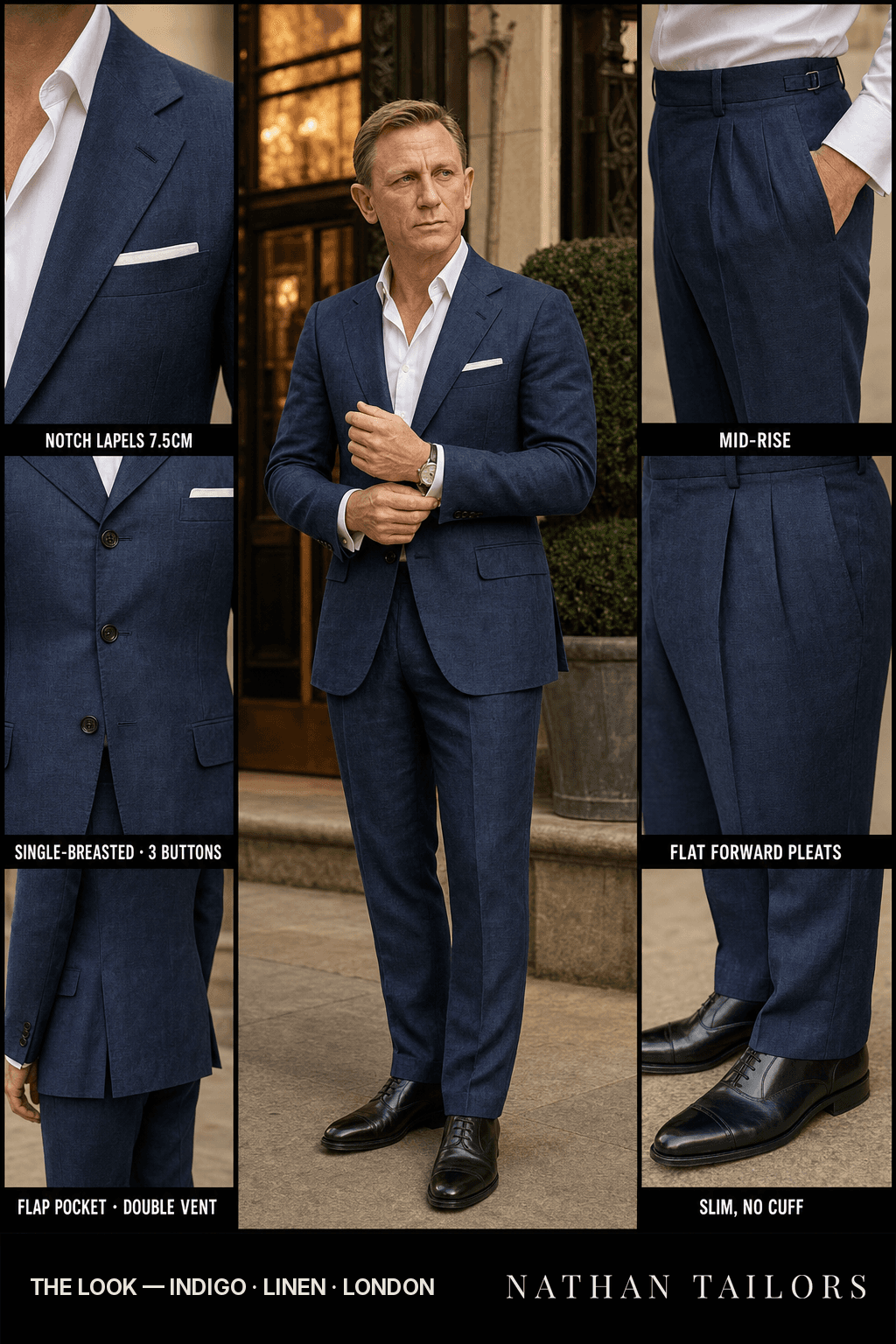indigo single-breasted bespoke suit — custom tailored by Nathan Tailors, the Hoi An custom tailor