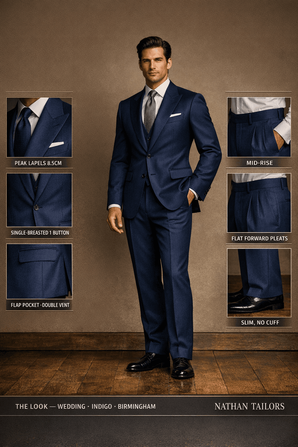 indigo single-breasted peak-lapel bespoke suit — AI-rendered by Nathan Tailors, the Hoi An custom tailor. Available as a custom tailored suit from $129.